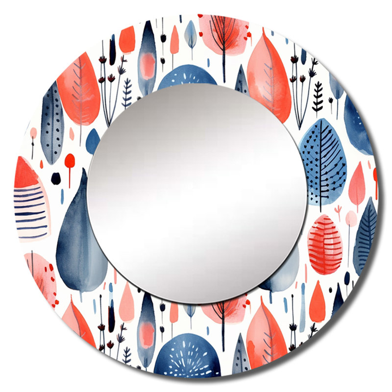 Blue Coral Scandinave Floral Elegance I - miroir décoratif abstrait, grand miroir mural rond bleu, impression d'art en métal