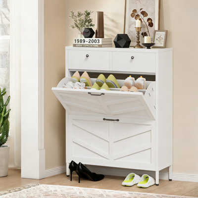 White Slim Shoe Cabinet with 4 Drawers - Freestanding Entryway Storage Cabinet, Space-Saving Organizer