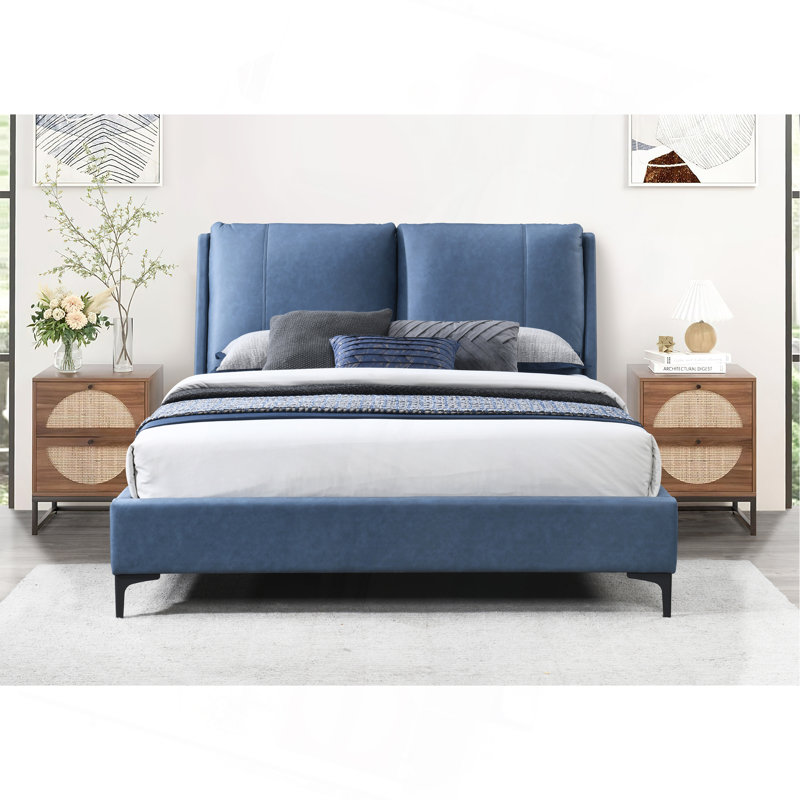 Lit contemporain tapissier bleu, Bleu, Grand lit