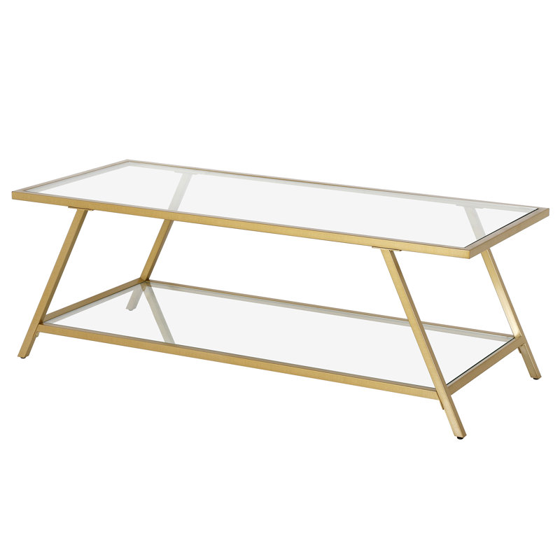 Yair 48" Glass And Steel Coffee Table With Shelf, Brass