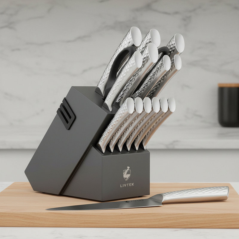 Ensemble de 15 couteaux de cuisine en acier allemand avec bloc et affûteur - couteaux de chef professionnels, couteau de chef de 8 pouces, couteaux à steak, poignée ergonomique, ensemble de coutellerie résistant à la rouille