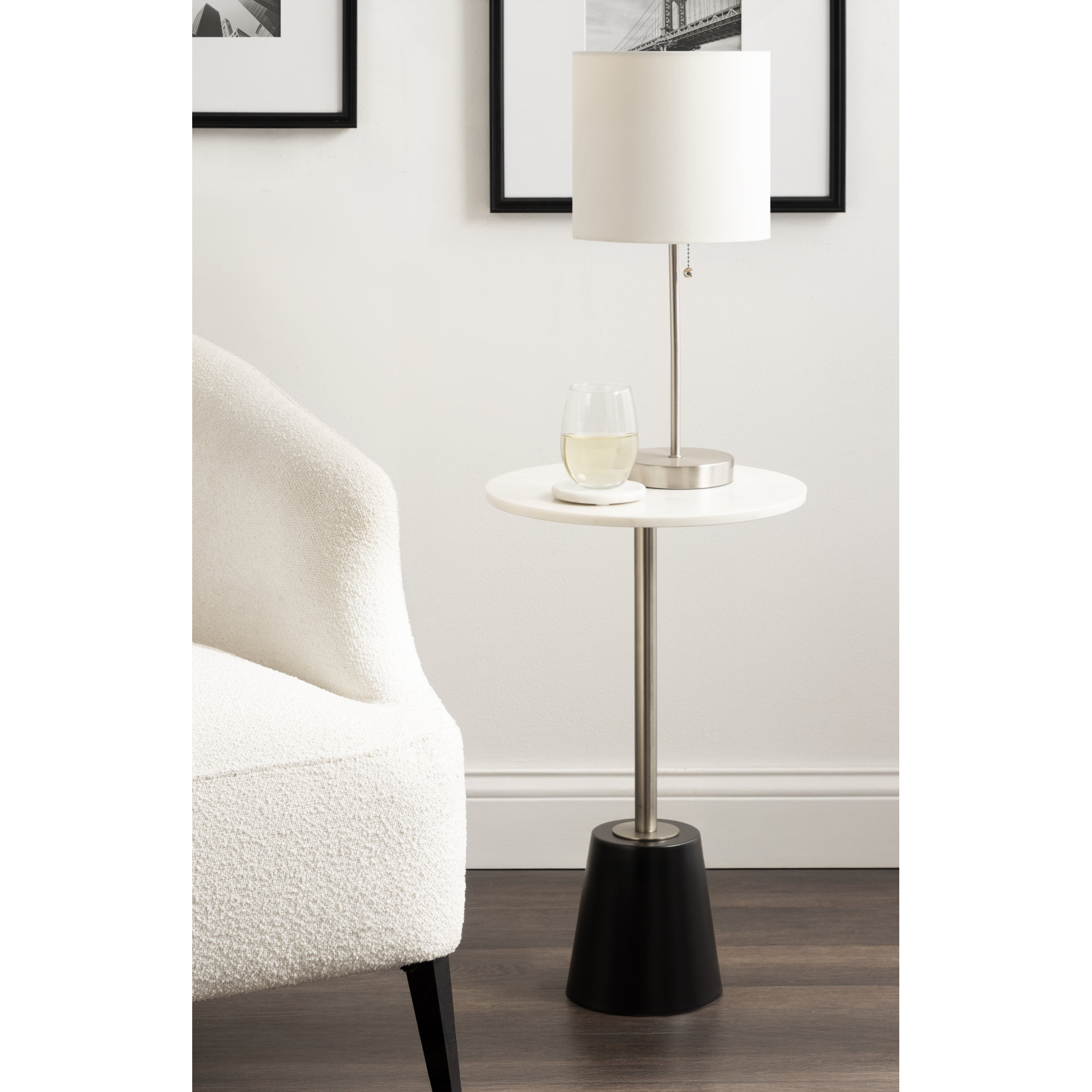 Cemil End Table, 23.25" H x 14" W x 14" D, White, Black/Silver