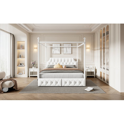 Queen Size Metal Canopy Platform Bed With Upholstered Headboard And Drawers