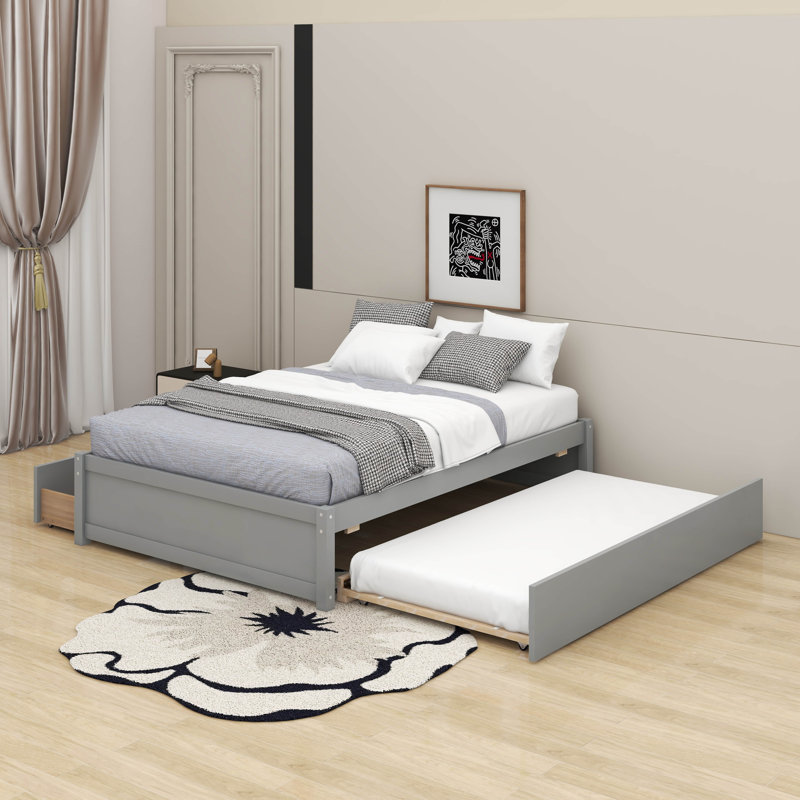 Lit double avec lit gigogne simple et tiroirs, gris