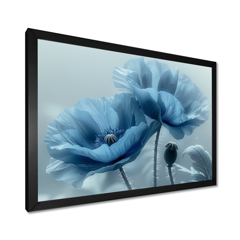 Bleu et gris beauté éthérée coquelicots II - coquelicots, salon d'art mural, Toile encadrée noire simple