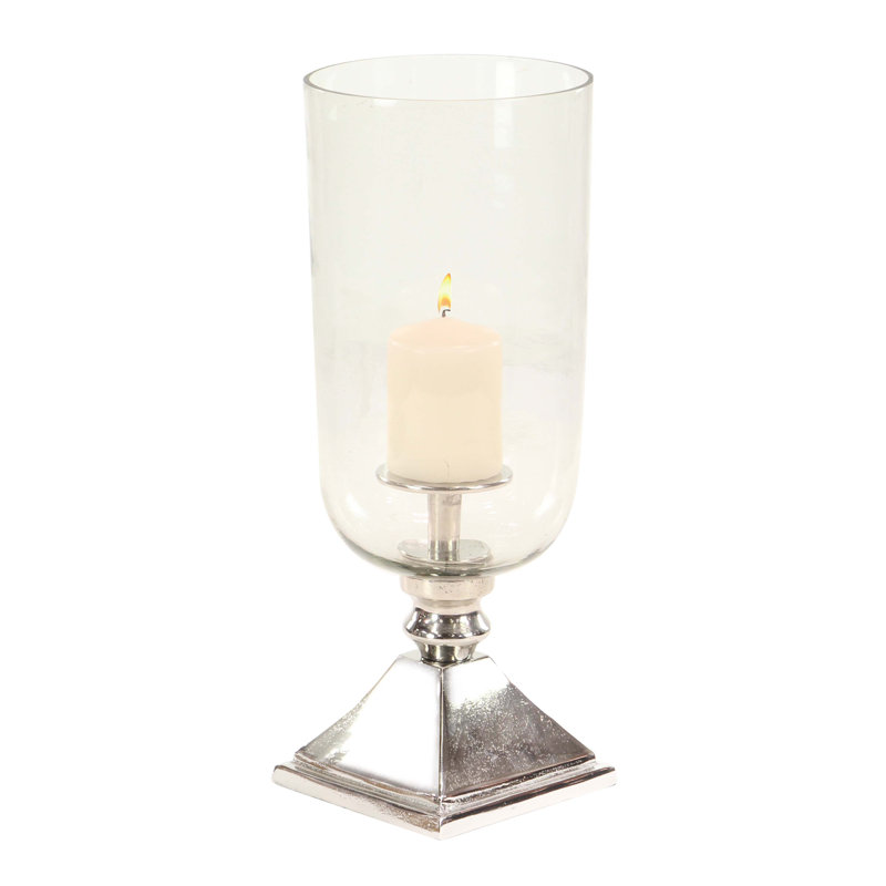   Aluminum Metal Pillar Hurricane Lamp, 17" H x 6" W x 6" D, Silver