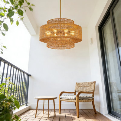 30-Inch 8-Light Boho Rattan Chandelier, Hand-Woven Wicker Drum Design With Golden Metal Frame, Vintage Farmhouse Lighting Fixture For Dining Room, Living Room, Bedroom, Or Kitchen