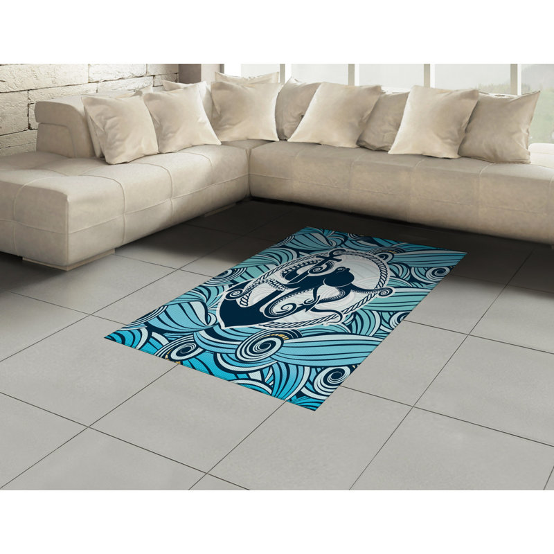 Tapis décoratif à fibres longues haute densité en polyester et coton à motif de pieuvre, Rectangle— 4 pi x 5 pi 8 po