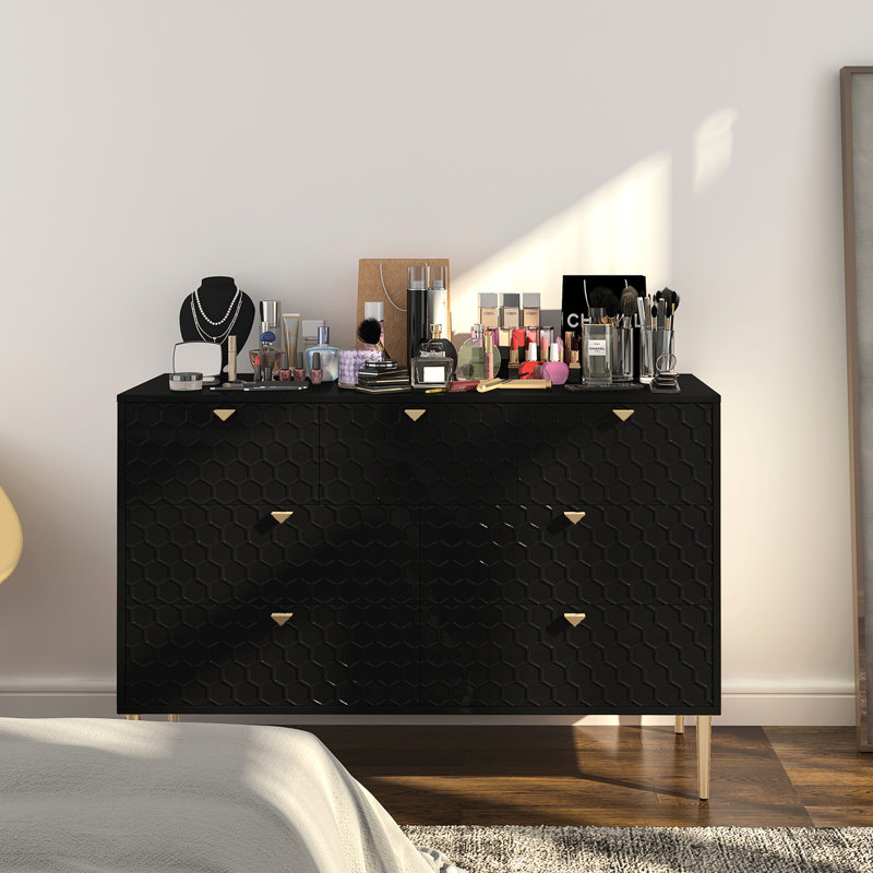 Buffet contemporain 7, finition noire, fabrication en fer, pour l'organisation de la chambre à coucher et du salon - Buffet surélevé en nid d'abeille noir