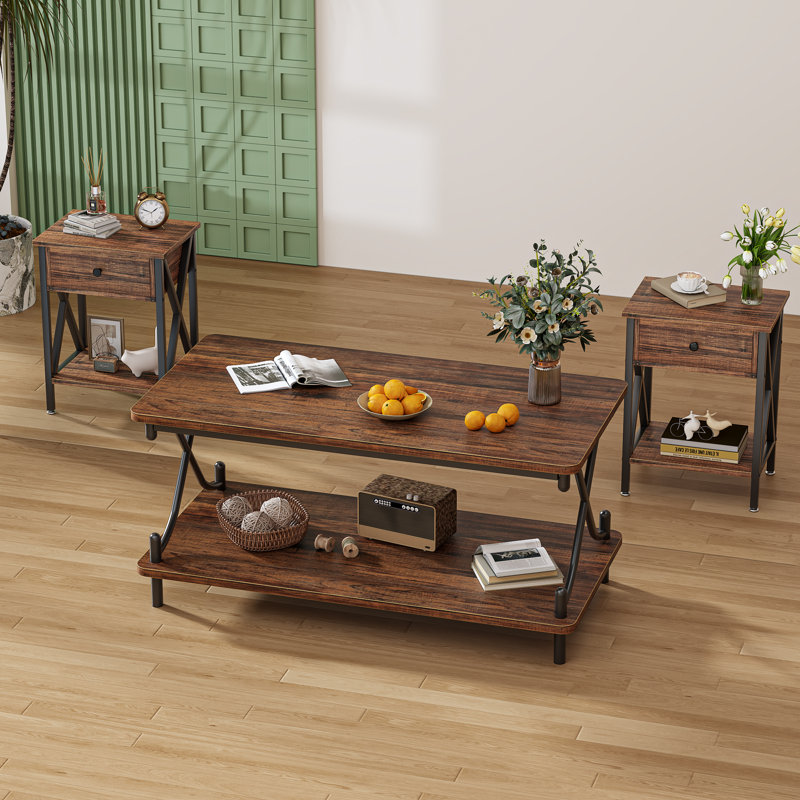 Ambrogino 3-Piece Living Room Table Set, Coffee Table with 2 End Tables, Industrial Wood & Metal Accent Furniture Set, Rustic Modern Centre Table and Side Tables for Living Room, Apartment, Small Space
