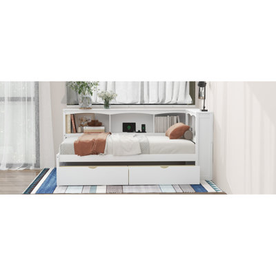Lit de jour avec deux tiroirs de rangement, armoires de rangement et ports USB