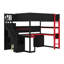 Lit mezzanine en bois sur mesure pour le jeu, avec escalier de rangement, bureau intégré, tablettes et panneau perforé-603650905-603650908