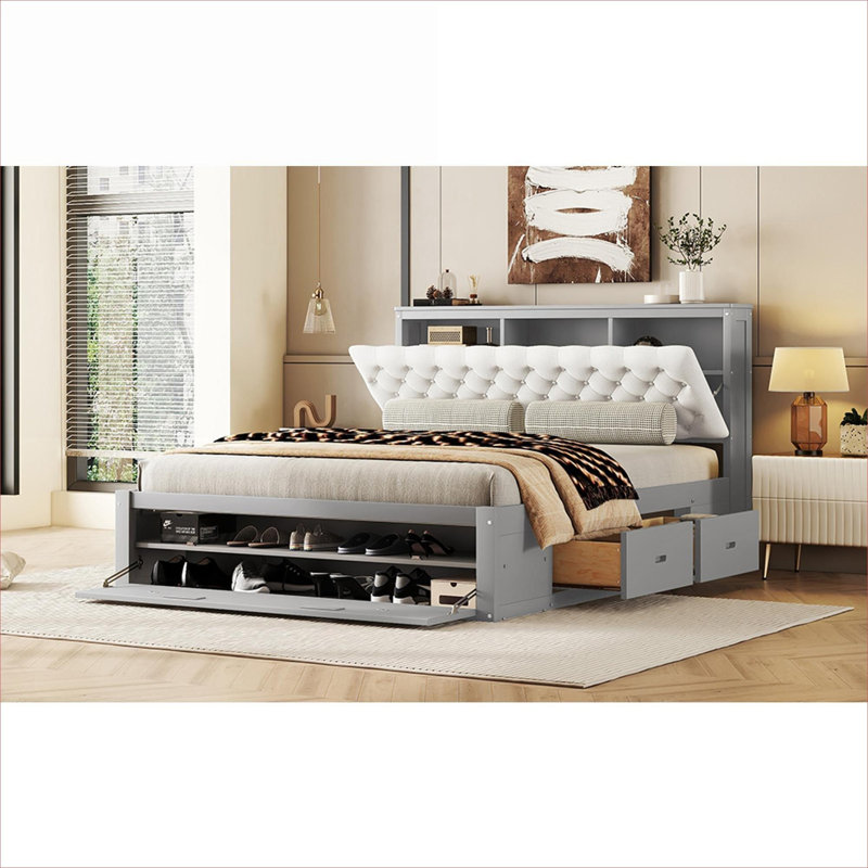 Grand lit plateforme tapissier en bois massif avec rangement multi-fonctions gris classique