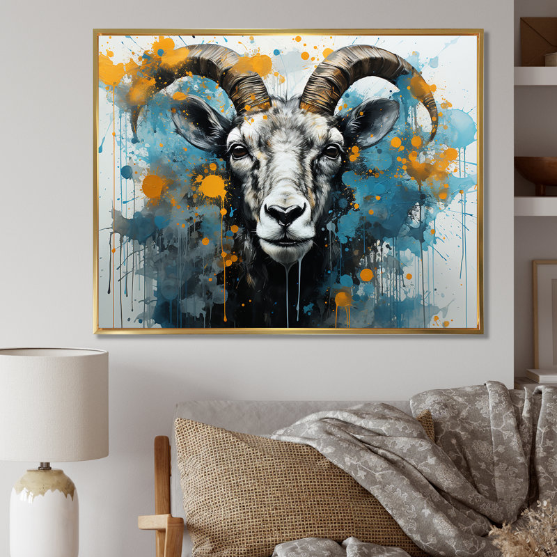 «Blue Yellow Goat Blooms Portrait», art mural animal de chèvre, Cadre flottant doré, H 12 po x l 20 po x P 1 po