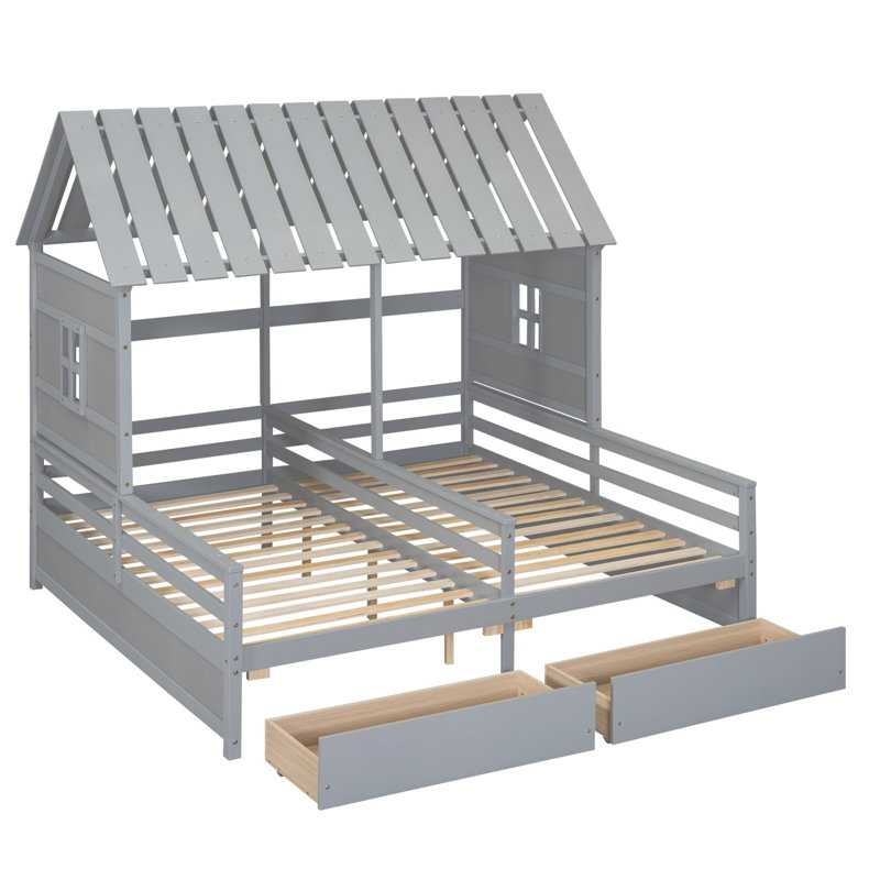Structure de lit House, lit plateforme avec deux tiroirs de rangement, Gris