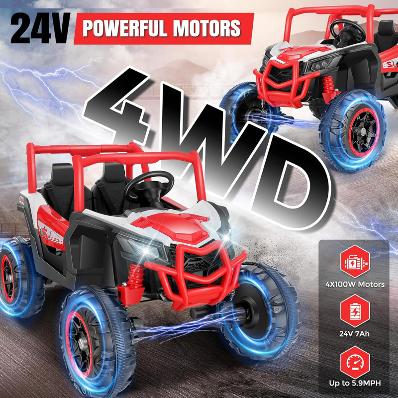 Red 24V 4x4 Ride-On Car with EVA Tires and LED Lights