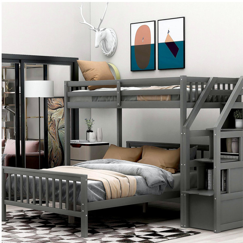 Double bunk bed with ladder, gray, Gray
