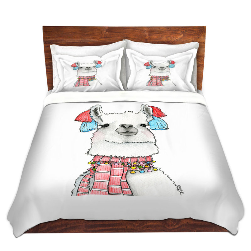 Ensemble de housse de couette écharpe llama, 1 housse + 2 taies très grand lit, Blanc / Rouge / Bleu