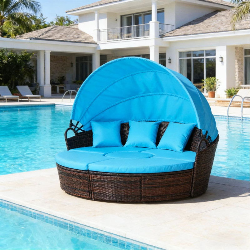 Outdoor Conversation Set,Patio Sectional Furniture Set,4 Piece Round Rattan Daybed, Blue Cushion/Brown Frame