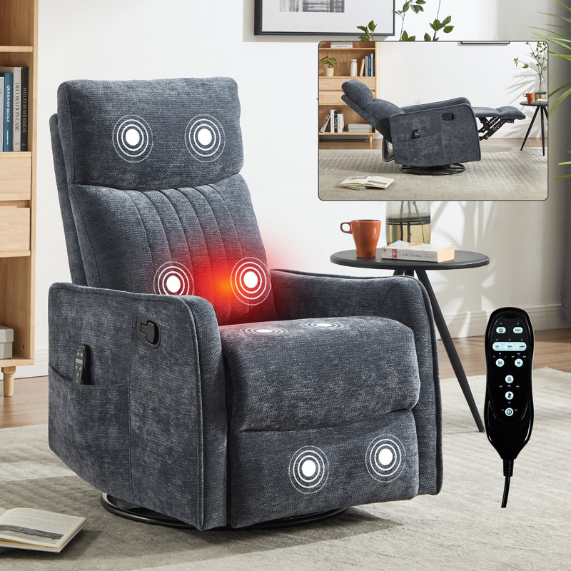 Heat Massage Manual Recliner Chair With Rocker And Swivel In Fabric For Living Room, Blue