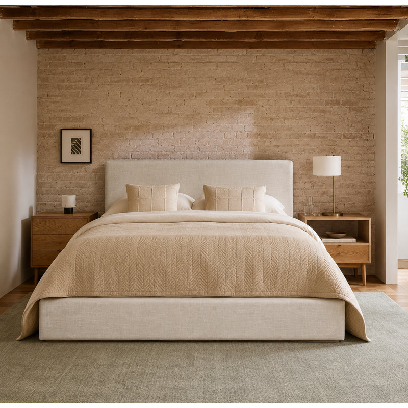 Kaiser Mid-Century Upholstered Platform Bed, White Linen, King