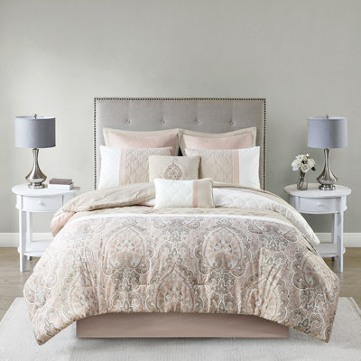 Édredon 8 pièces très grand - rosé avec imprimé partiel, coussins décoratifs, taies décoratives européennes, brodé, lavable en couleur, rembourré, rembourré,