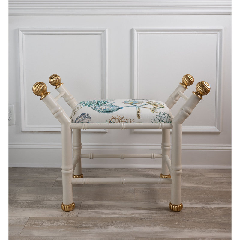 Boca Upholstered Entryway Bench, White/Gold/Blue