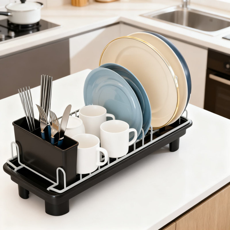 Égouttoir à vaisselle avec égouttoir, crépine à bec rétractable, porte-couvercle réglable, organisateur de comptoir de cuisine grande capacité, assemblage sans outil