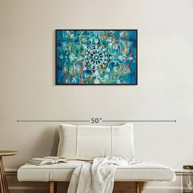Mandala en bleu I, Cadre flottant noir, 31 po x 21 po