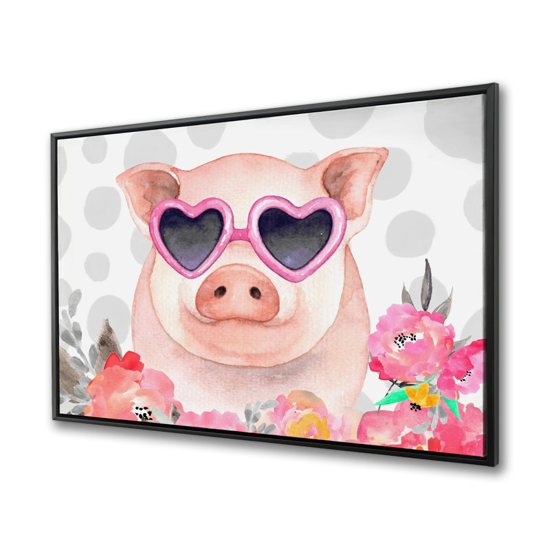 Little pig in love - Pink Flowers Framed Canvas Decor