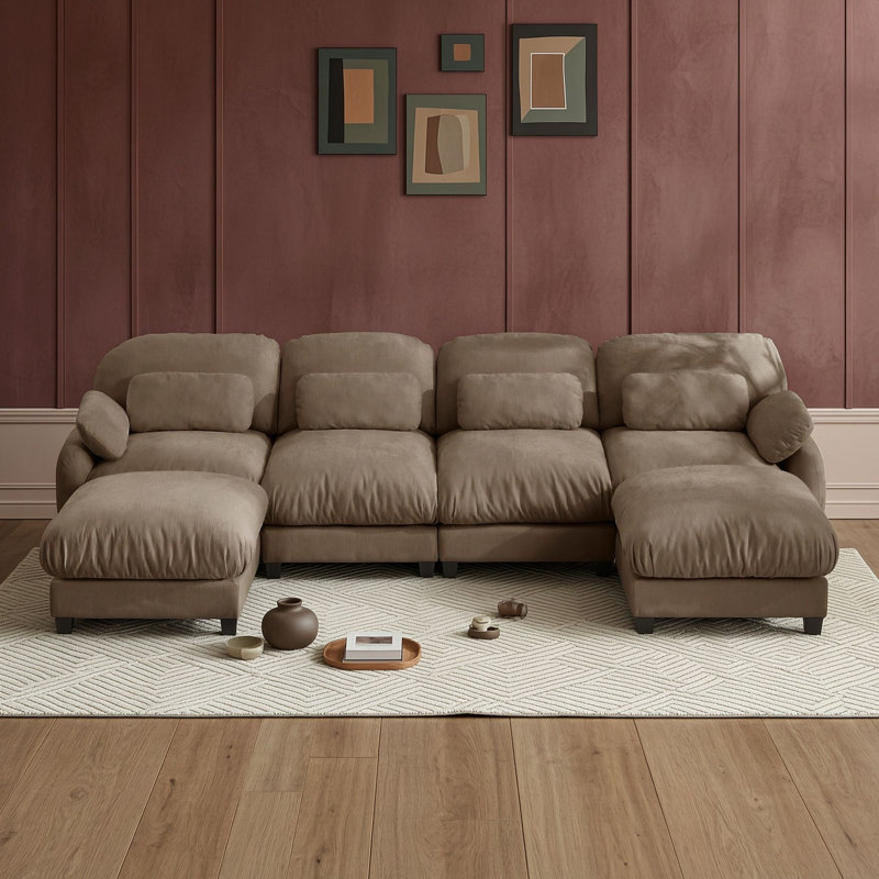 Canapé d'angle en U quatre places avec deux poufs, Brun