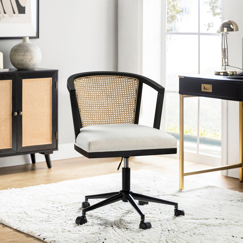 Chaise de bureau de travail à hauteur réglable en rotin à cinq roulettes Deitra, Noir