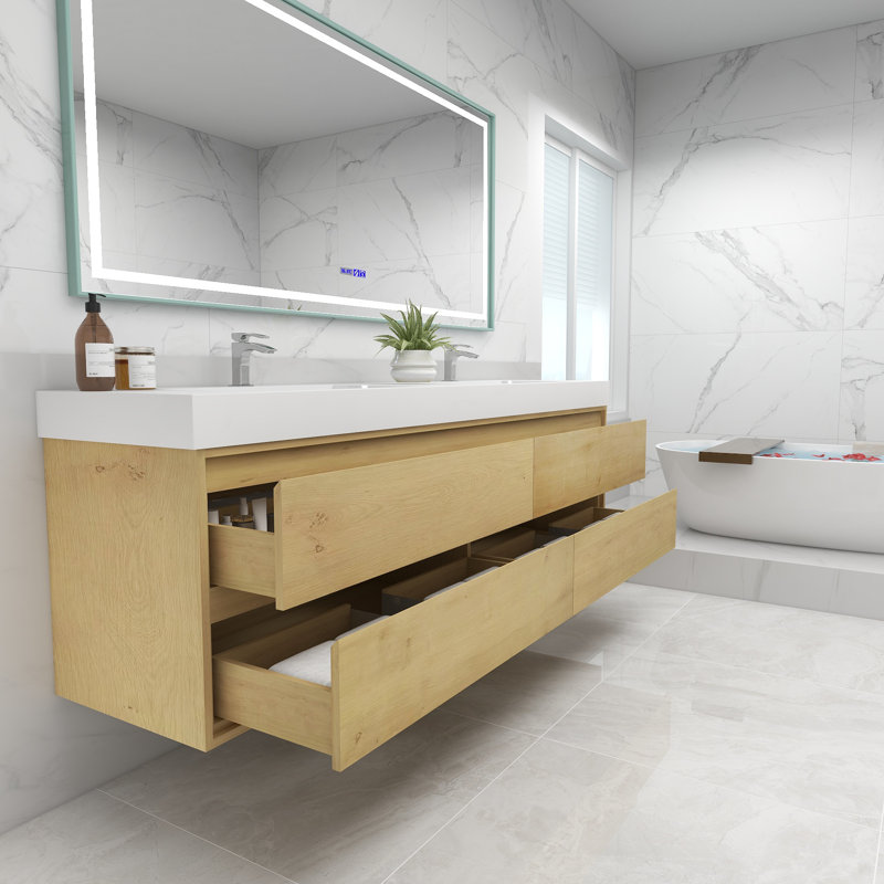 84'' Double Bathroom Vanity with Acrylic Top, Light Oak