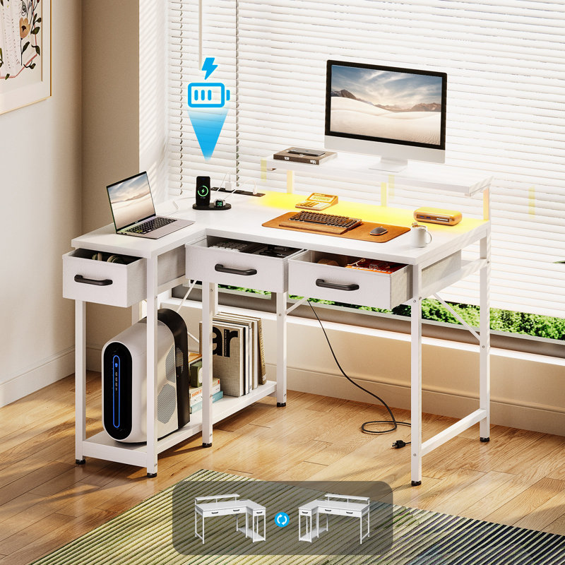 Reversible Desk With Monitor Shelf, L-shaped Desk With 3-tier Under-desk Drawers, Computer Desk With Led Light Strips, Writing Desk With Cpu Stand, Home Office Desk With Recessed Power Outlet