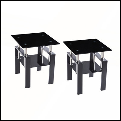 2-Piece Tempered Black Glass Sofa Table with Metal Legs for Modern Living Rooms
