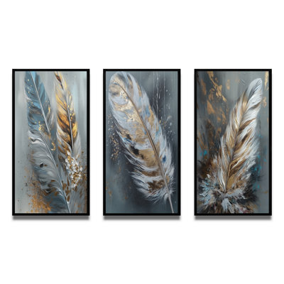 3 pièces sur toile - plumes d'or Wanderlust