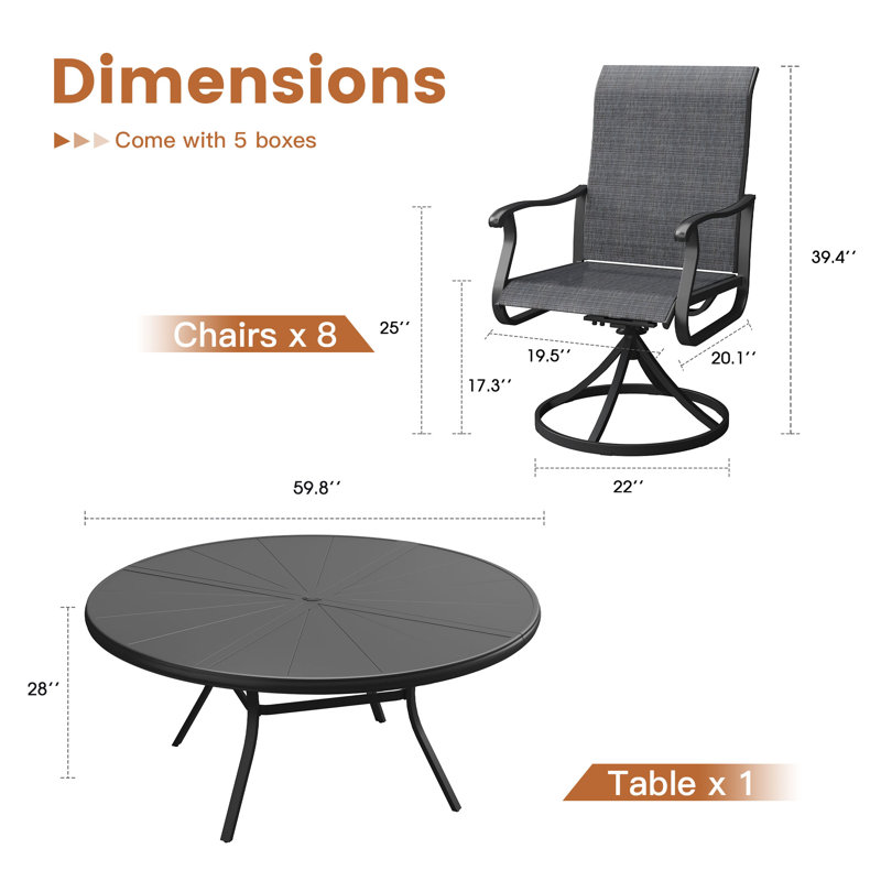 8 Person Round Patio Dining Set with 60" Round Aluminum Dining Table and 8 PVC-coated polyester Swivel Chairs, Black/Black