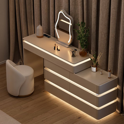 Retractable 47" Smart Dressing Table With LED Mirror, Dimmable Lights & Integrated Charging Station