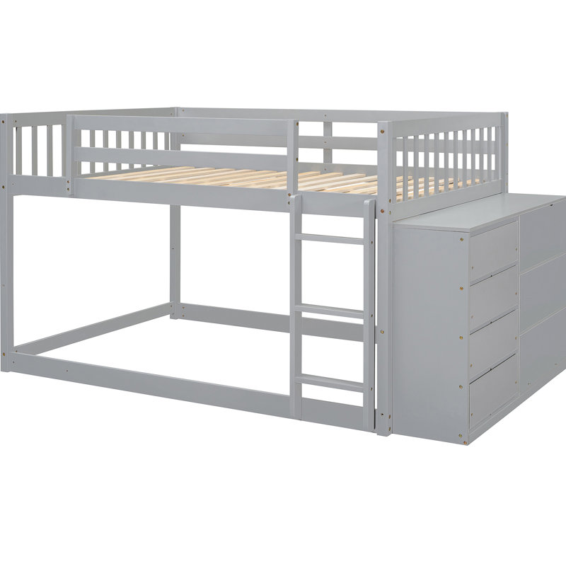 Lit superposé double avec teinte grise et rangement fonctionnel, 4 tiroirs et 3 tablettes, bois massif pour les options de rangement dans la chambre à coucher, surdimensionné, cadre A