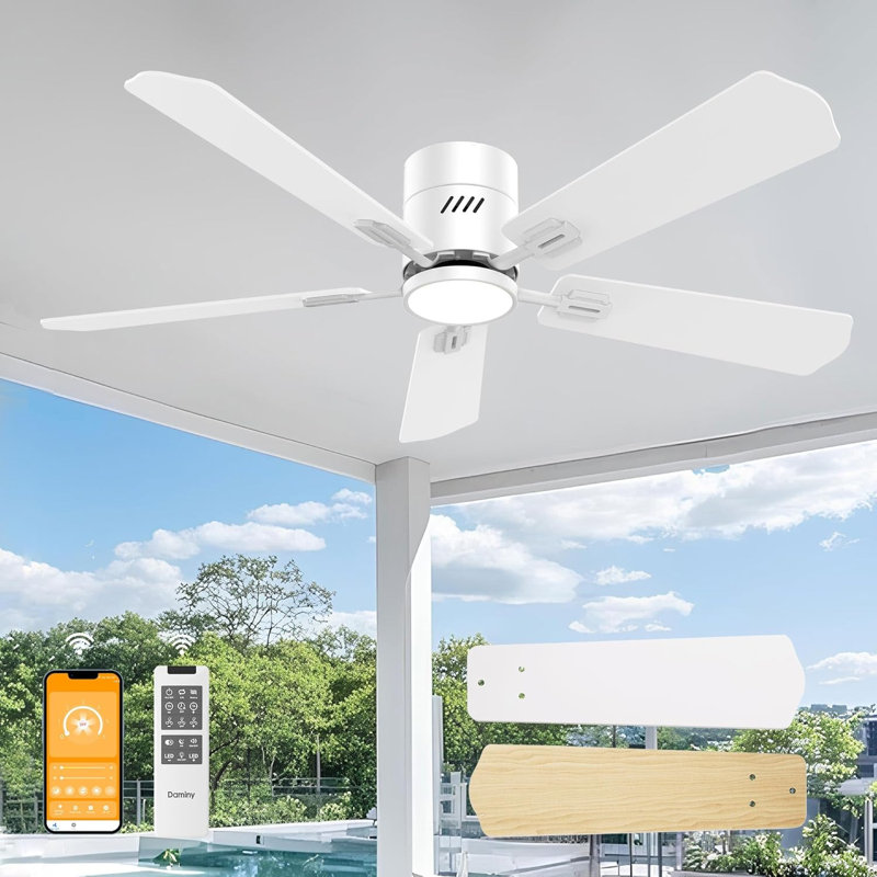 52 Inch 5 Blades Ceiling Fans With Lights,Flush Mount,6CCT, Low Profile Ceiling Fan With Light And Remote Control,DC Motor,Ceiling Fan For Bedroom, Kitchen,Living Room,Indoor/Outdoor Use