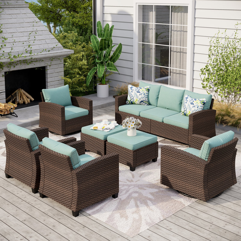 9 - Person Outdoor Wicker Patio Conversation Furniture Set with Swivel Chairs, No, Blue