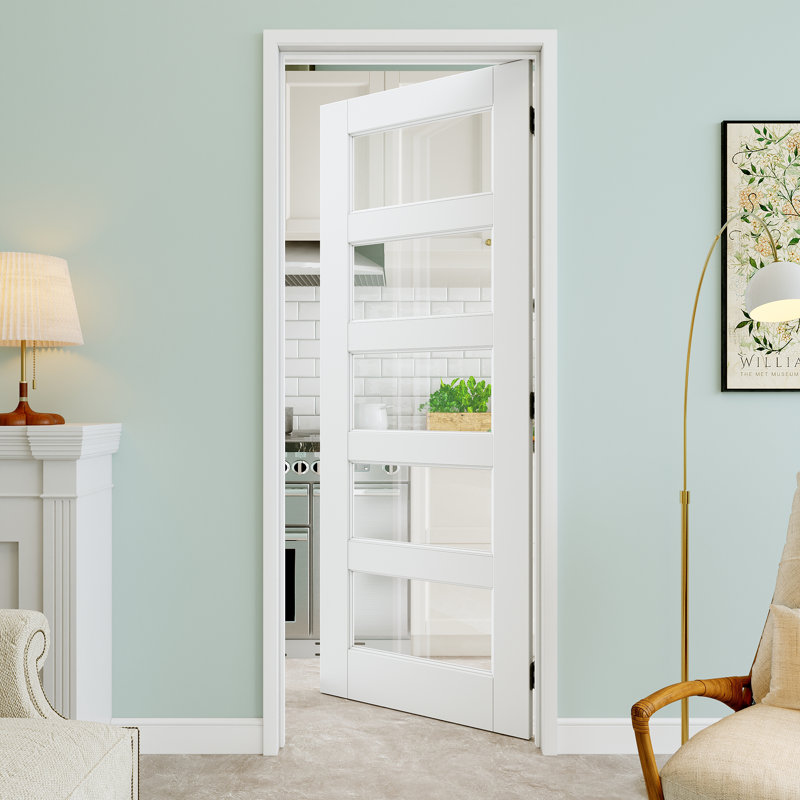 Porte pré-suspendue en verre transparent 28 po x 80 po à 5 lumières avec charnières noires, dalle de porte en verre transparent, pouvant être lavée, portes de placard, portes de chambre, droite
