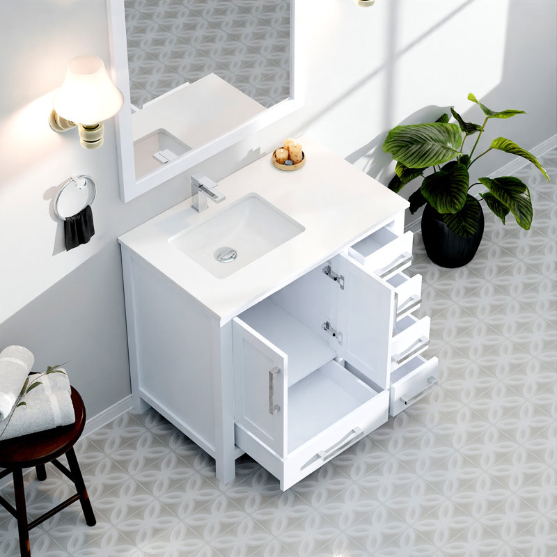 Meuble-lavabo 36 po X P 22 po D, dessus en quartz blanc décalé à gauche, ensemble de robinet et Miroirs, Blanc