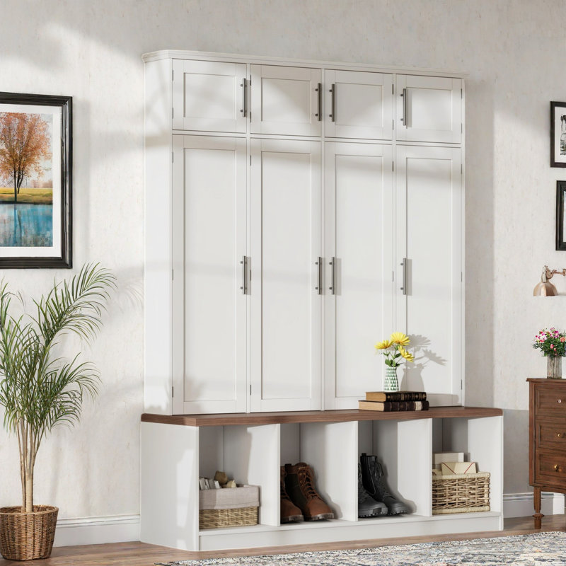 Farmhouse Hall Tree with 4 Hidden Hooks, Walnut Seating Bench, 8-Door Shoe Cabinet & Open Compartments for Entryway, White