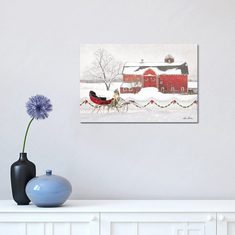 «Christmas Barn with Sleigh» par Lori Deiter - peinture sur toile tendue, H 12 po x l 18 po x 1,5 po