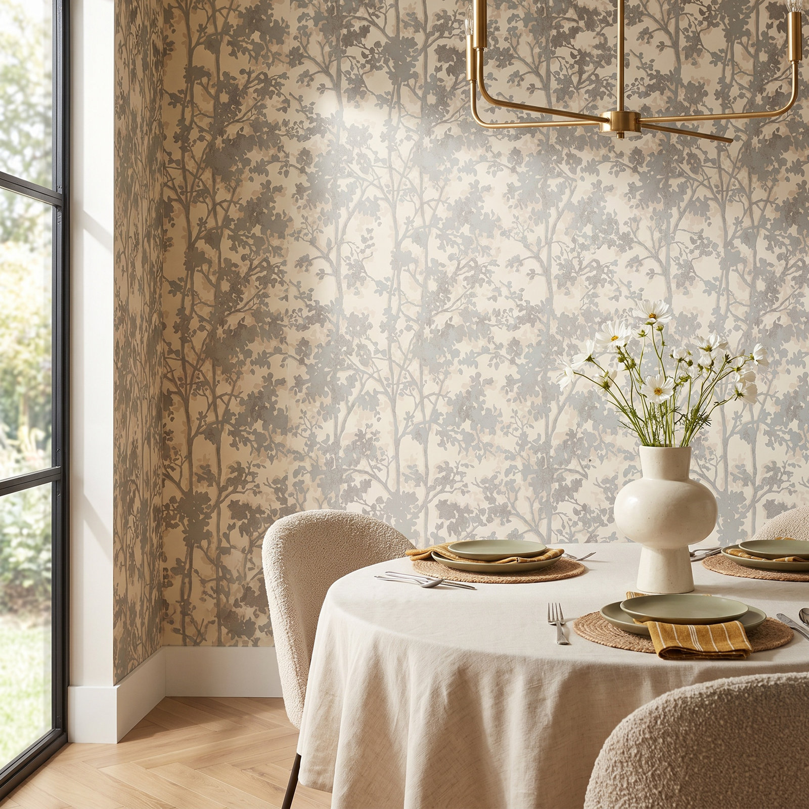 Modern Floral Wallpaper, Cream/Silver