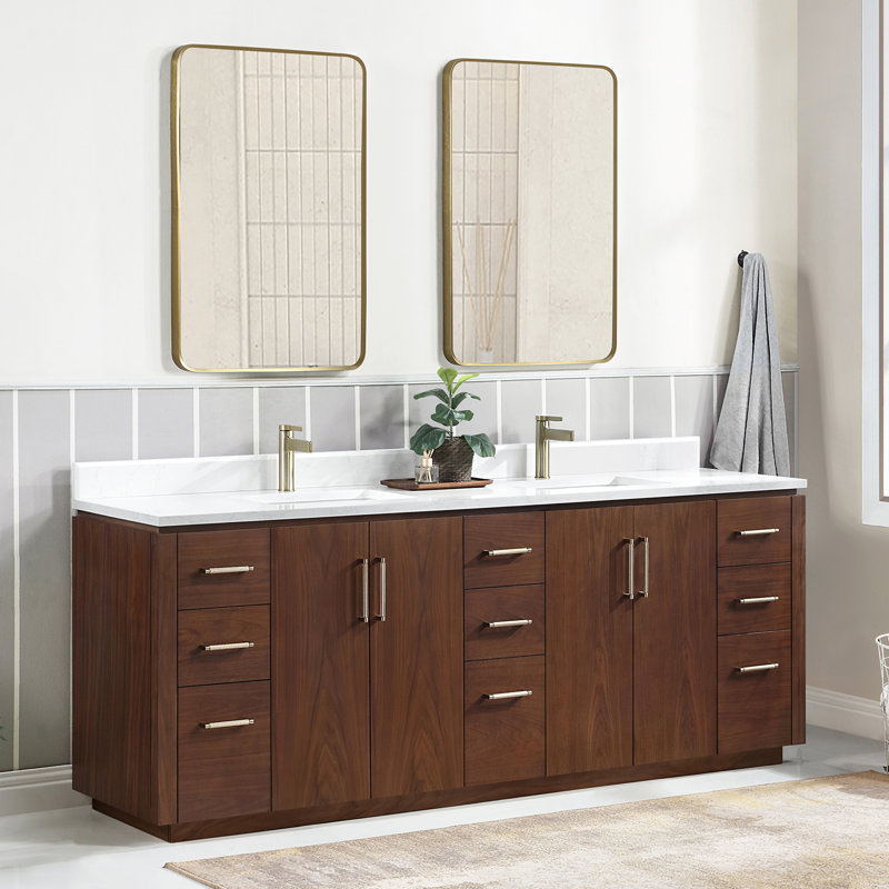 Meuble-lavabo double 84 po Cloverfield, Noyer naturel, Or