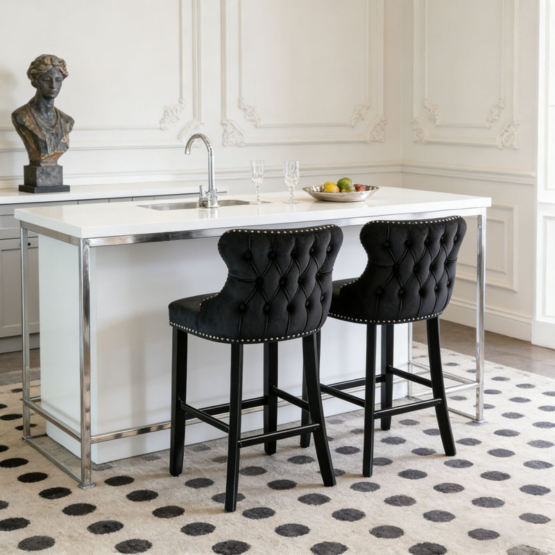 Chaises de bar en velours et pieds en bois, Noir