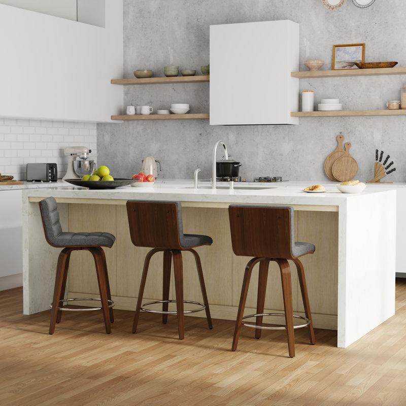 Gray Linen and Wood Swivel Counter Stool