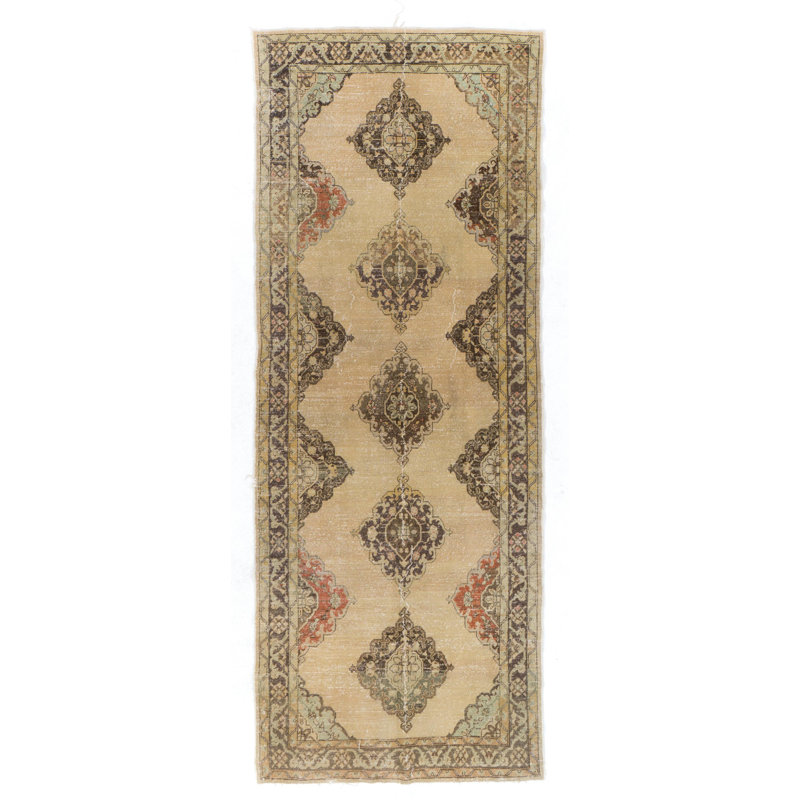 Chemin de table Oushak fabriqué à la main de style Mid-Century. Tapis naturel beige et brun en laine